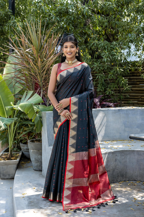 Elisha Raw Silk Weaving Saree - BLACK