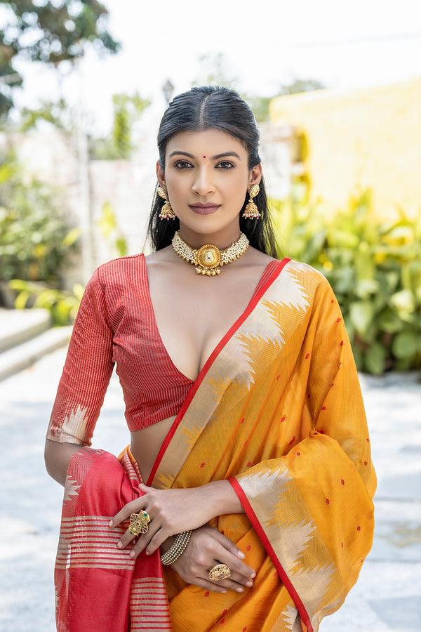 Elisha Raw Silk Weaving Saree - ORANGE
