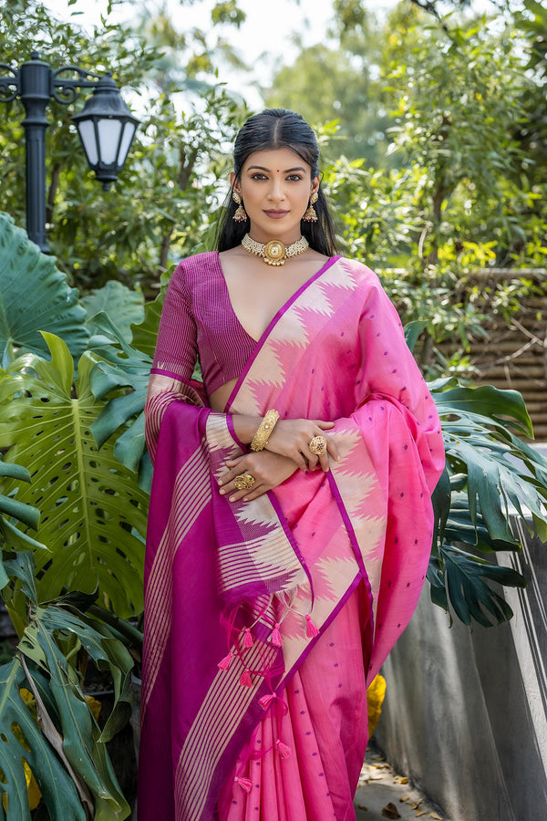 Elisha Raw Silk Weaving Saree - PINK