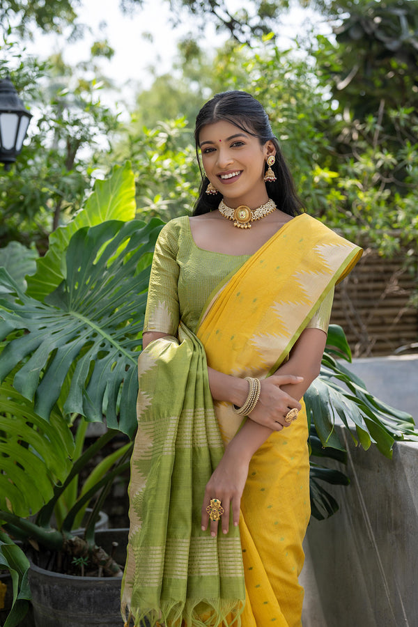 Elisha Raw Silk Weaving Saree - YELLOW
