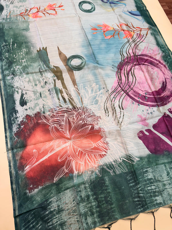 Mallai Silk Floral Print Saree - GREEN