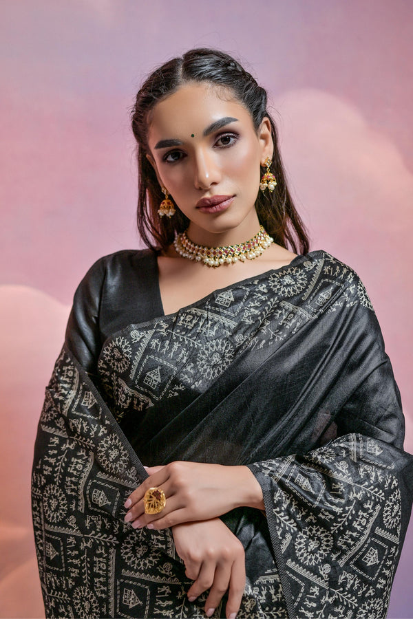 Banglori Handloom raw silk saree - BLACK