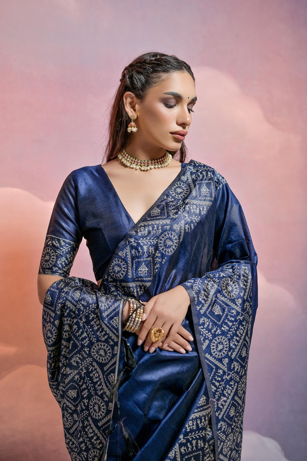 Banglori Handloom raw silk saree - N.BLUE
