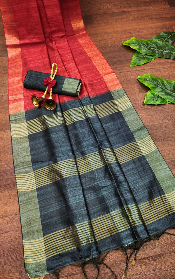 Soft Tussar Silk Plain Saree With Zari Pallu - RED
