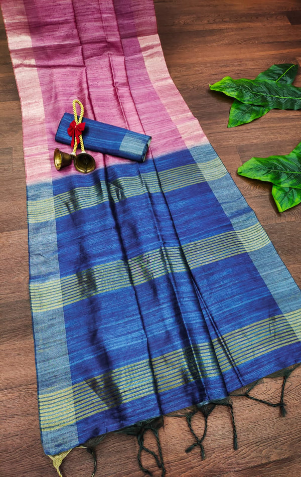 Soft Tussar Silk Plain Saree With Zari Pallu - PINK
