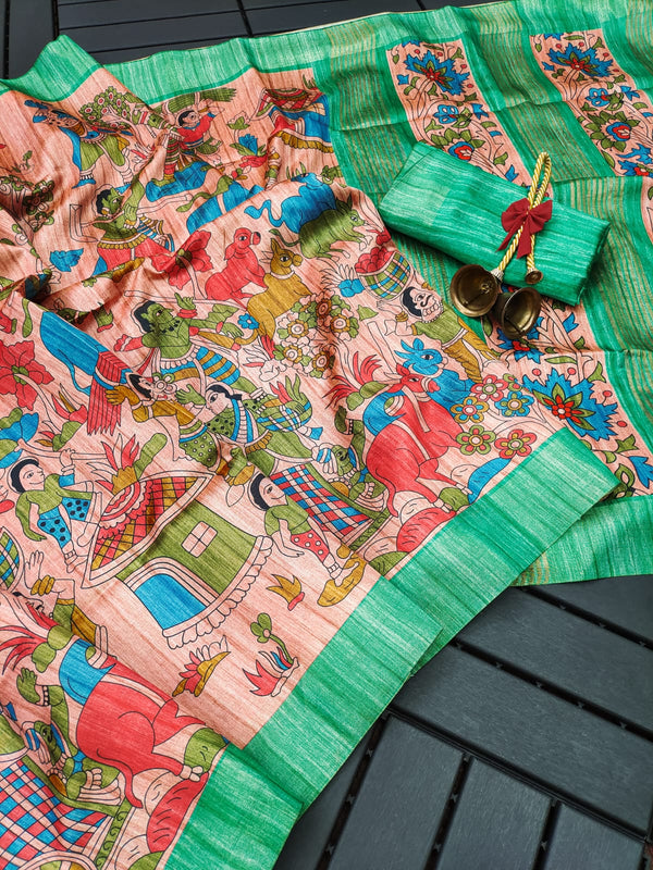 Tussar Silk Madhubani 107- GREEN
