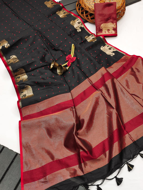 Elisha Raw Silk Weaving Saree - BLACK