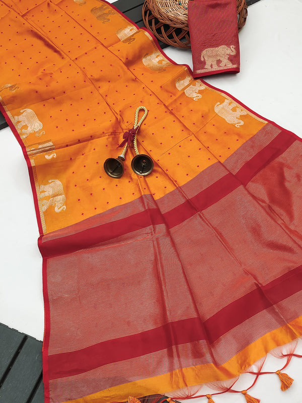 Elisha Raw Silk Weaving Saree - ORANGE