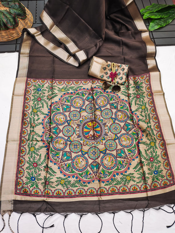 Tussar Soft Raw silk Madhubani 102- COFFEE