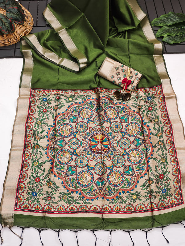Tussar Soft Raw silk Madhubani 102- MEHENDI