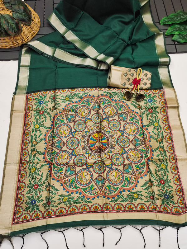 Tussar Soft Raw silk Madhubani 102- GREEN