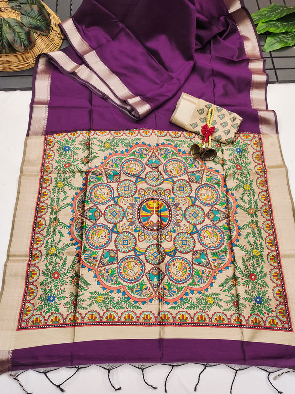 Tussar Soft Raw silk Madhubani 102- WINE