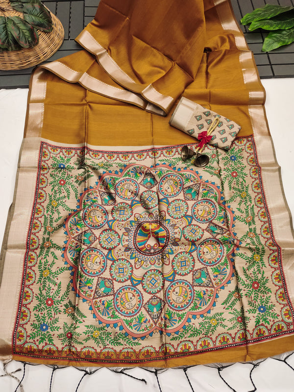 Tussar Raw silk Madhubani 102- YELLOW