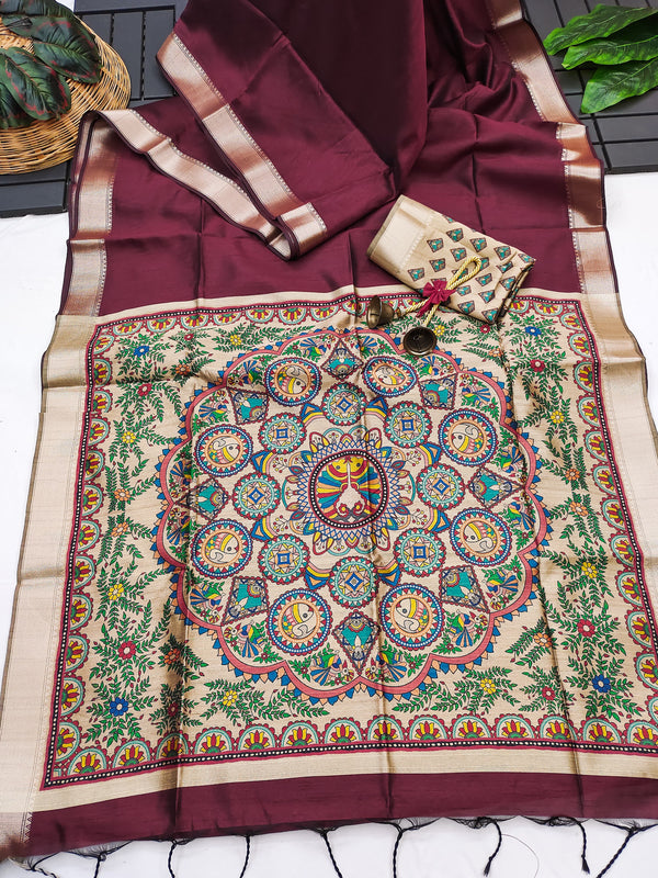 Tussar Soft Raw silk Madhubani 101- MAROON