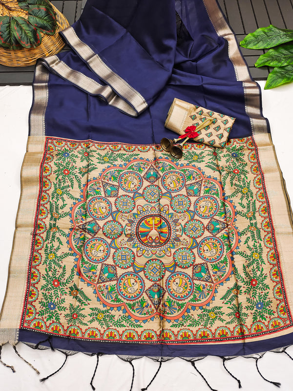 Tussar Soft Raw silk Madhubani 102- BLUE