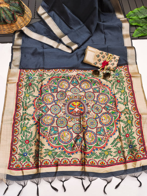 Tussar Soft Raw silk Madhubani 102- GREY