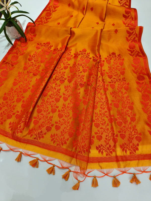 Elisha Raw Silk Floral Weaving Saree - ORANGE