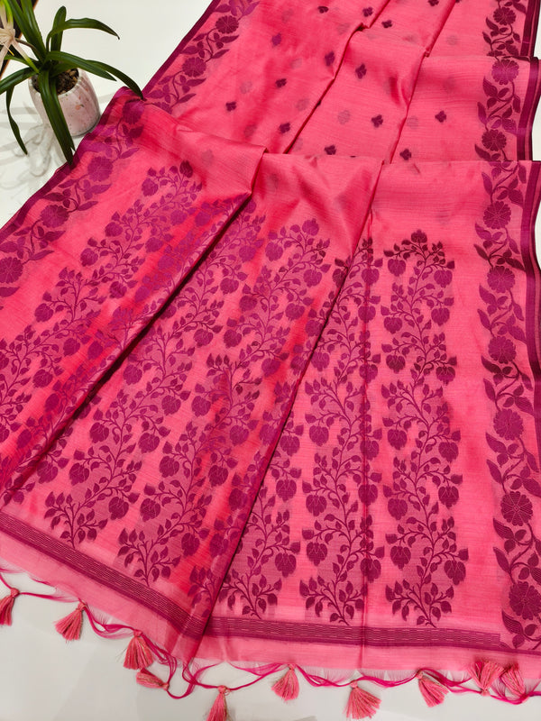 Elisha Raw Silk Floral Weaving Saree - PINK