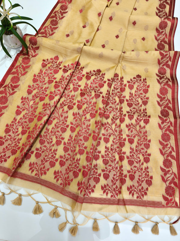 Elisha Raw Silk Floral Weaving Saree - CHIKU