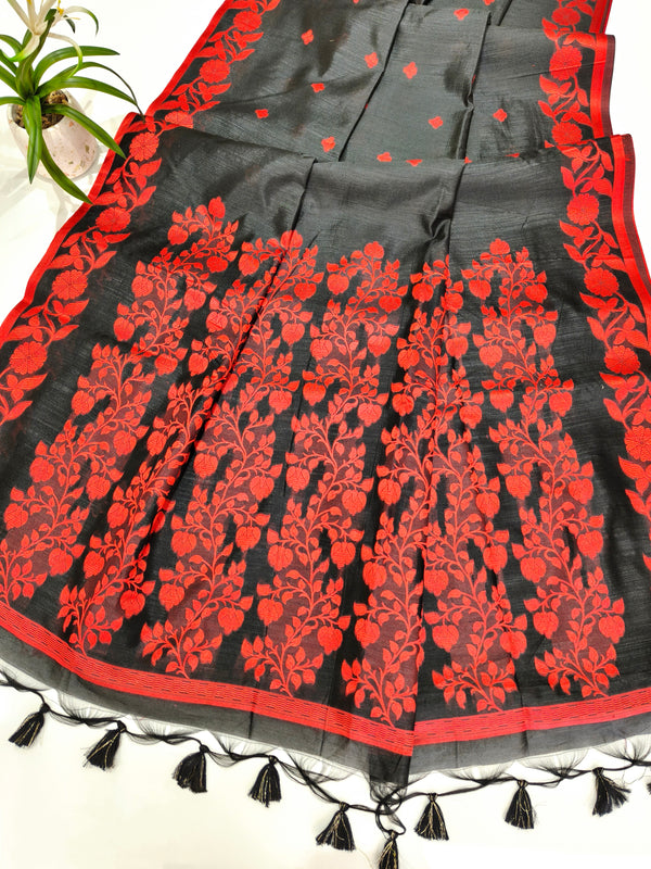 Elisha Raw Silk Floral Weaving Saree - BLACK