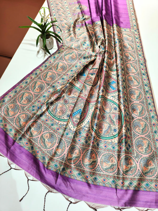Tussar Silk Madhubani 105- PURPLE