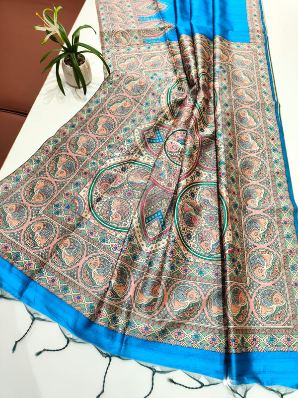 Tussar Silk Madhubani 105- BLUE