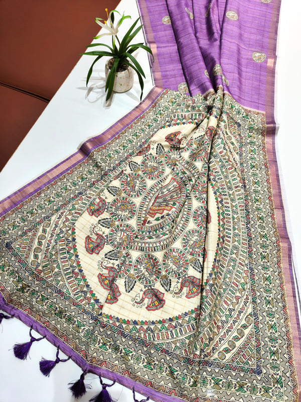 Soft Tussar Silk With Madhubani Print Saree -  PURPLE