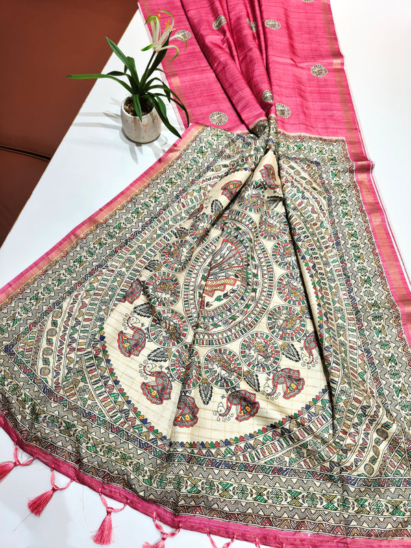 Soft Tussar Silk With Madhubani Print Saree -  PINK