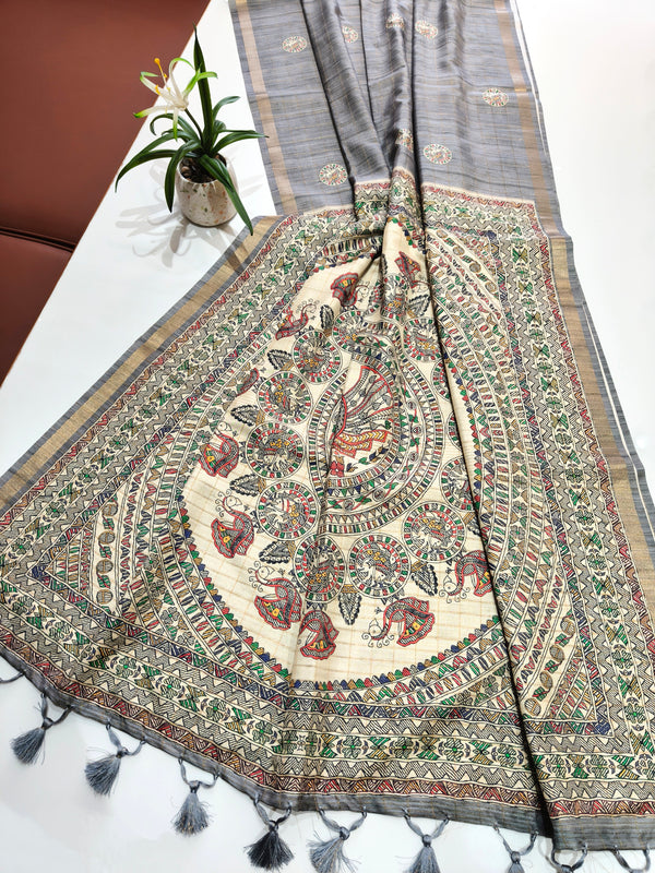 Soft Tussar Silk With Madhubani Print Saree -  GREY