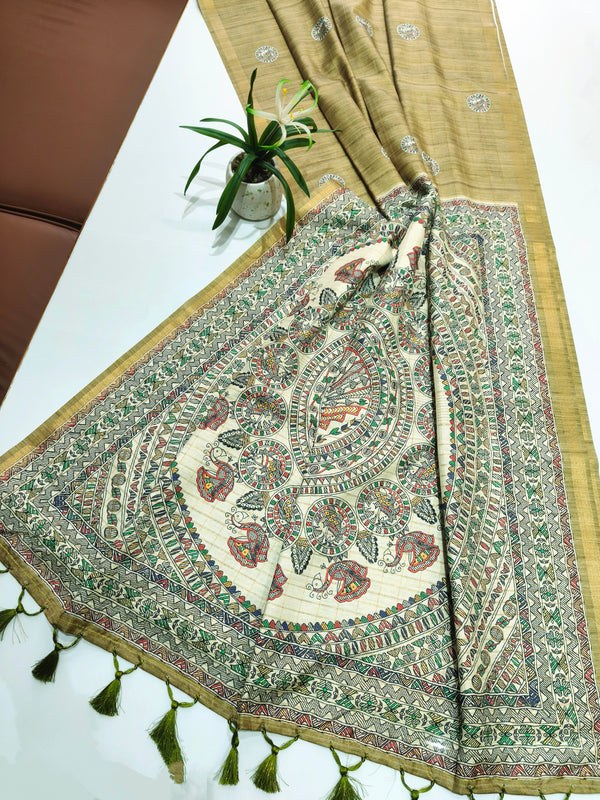 Soft Tussar Silk With Madhubani Print Saree -  MAHENDI