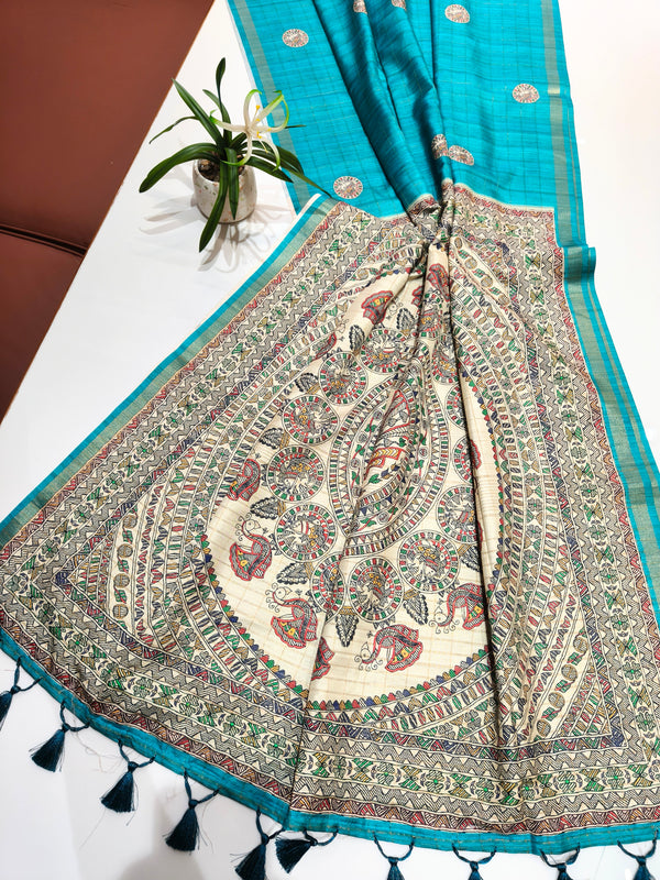 Soft Tussar Silk With Madhubani Print Saree -  BLUE
