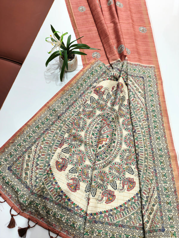 Soft Tussar Silk With Madhubani Print Saree -  PEACH