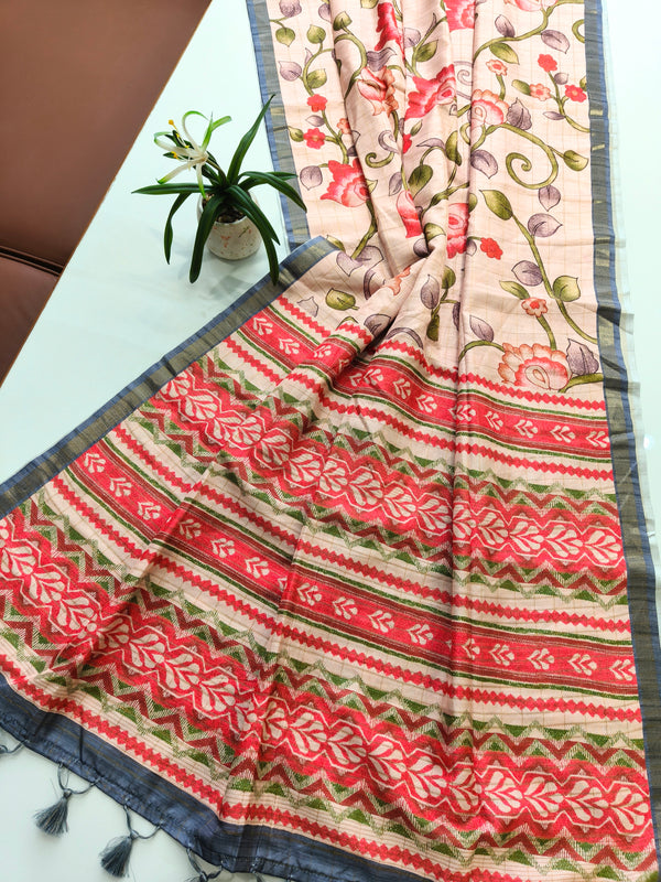 Soft Tussar Checks Silk Saree 101 - PEACH