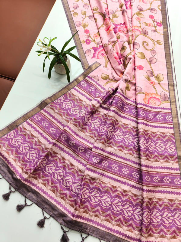 Soft Tussar Checks Silk Saree 101 - PINK