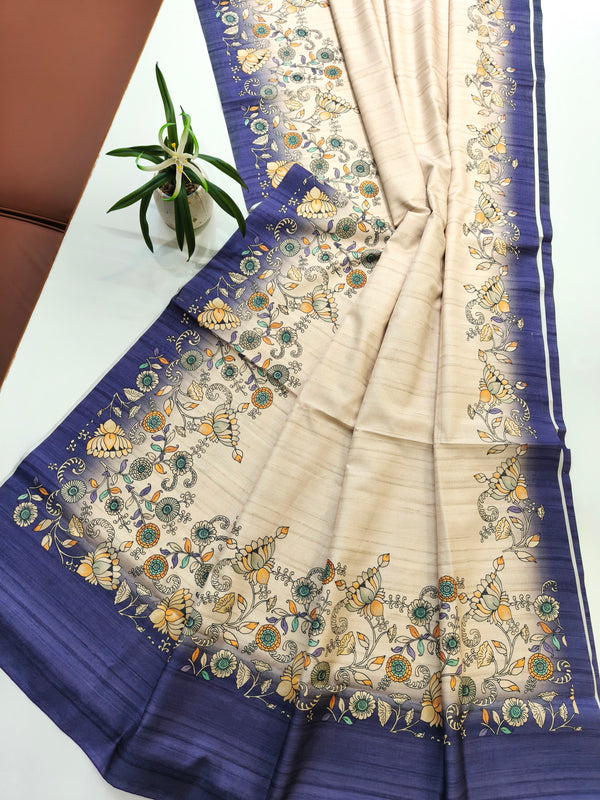 Tussar Silk Saree With Floral Print Pallu - Blue