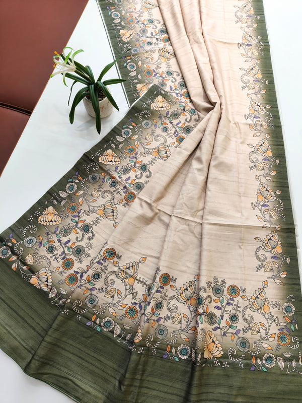 Tussar Silk Saree With Floral Print Pallu - Mehndi