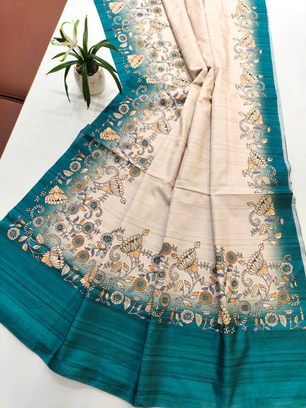 Tussar Silk Saree With Floral Print Pallu - Firozi