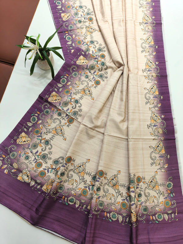 Tussar Silk Saree With Floral Print Pallu - Purple