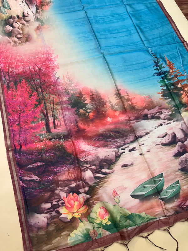 Tussar Silk Beautiful Printed Saree - BLUE