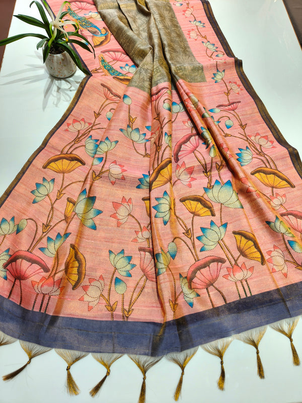 Tissue Zari Saree  With Lotus Print - MAHENDI
