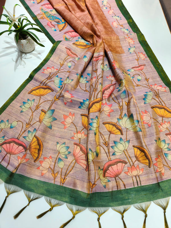 Tissue Zari Saree  With Lotus Print - MUSTRED