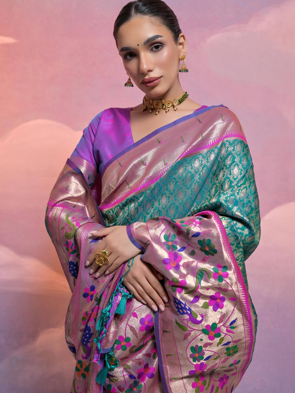 RAMA COLOUR  PAITHANI BIG BORDER WOVEN SAREE