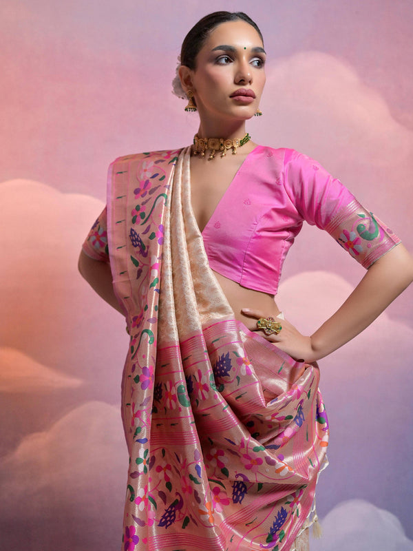 WHITE COLOUR  PAITHANI BIG BORDER WOVEN SAREE