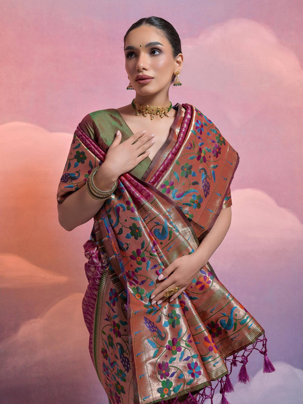 WINE COLOUR  PAITHANI BIG BORDER WOVEN SAREE