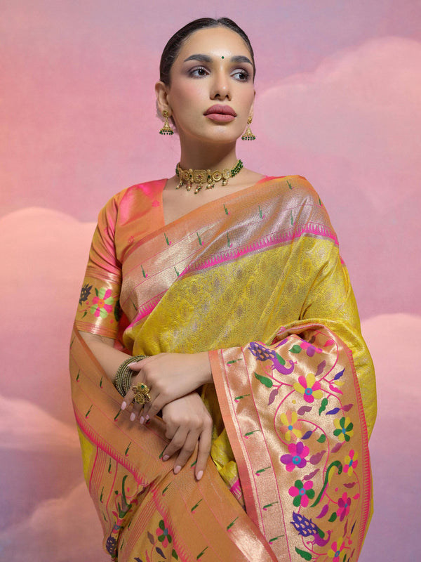 YELLOW COLOUR  PAITHANI BIG BORDER WOVEN SAREE