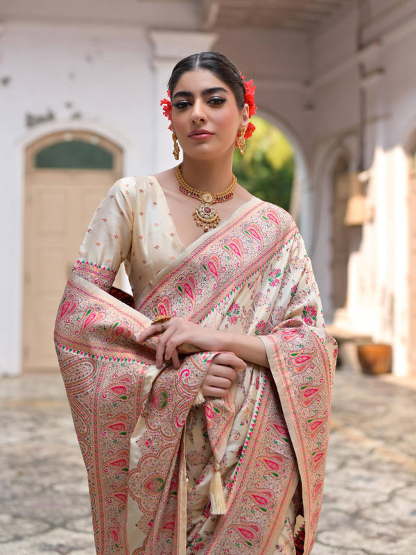 Premium Pure Pashmina Silk Saree - WHITE