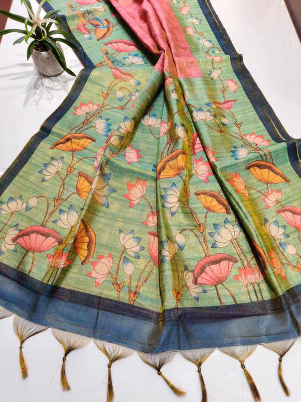 Tissue Zari Saree  With Lotus Print - PINK