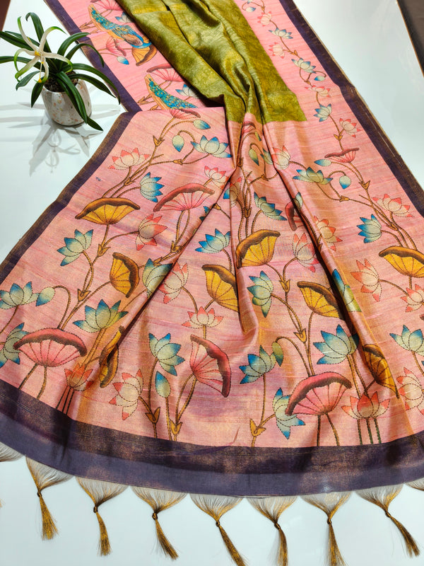 Tissue Zari Saree  With Lotus Print - PISTA