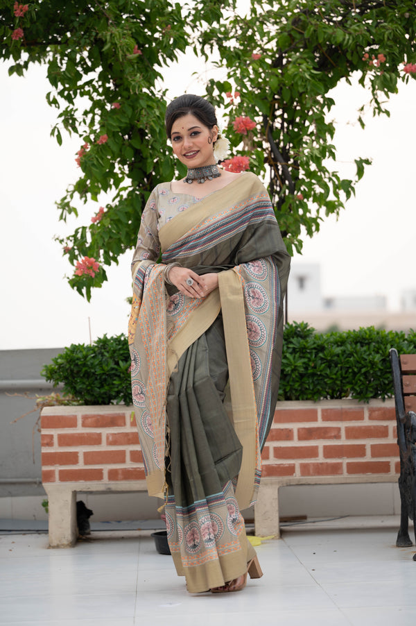 Tussar Silk Warli Print Saree - MAHENDI
