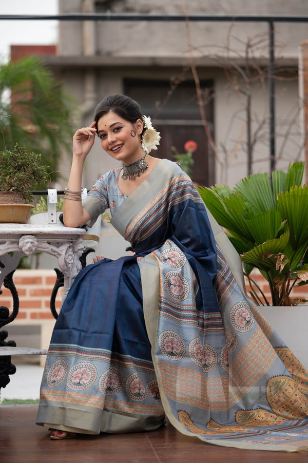 Tussar Silk Warli Print Saree - BLUE